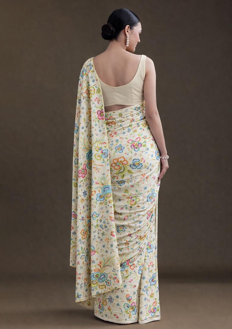 Ivory Floral Print Chinon Pre Draped Saree Set - Indya