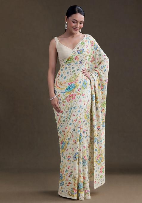 Ivory Floral Print Chinon Pre Draped Saree Set