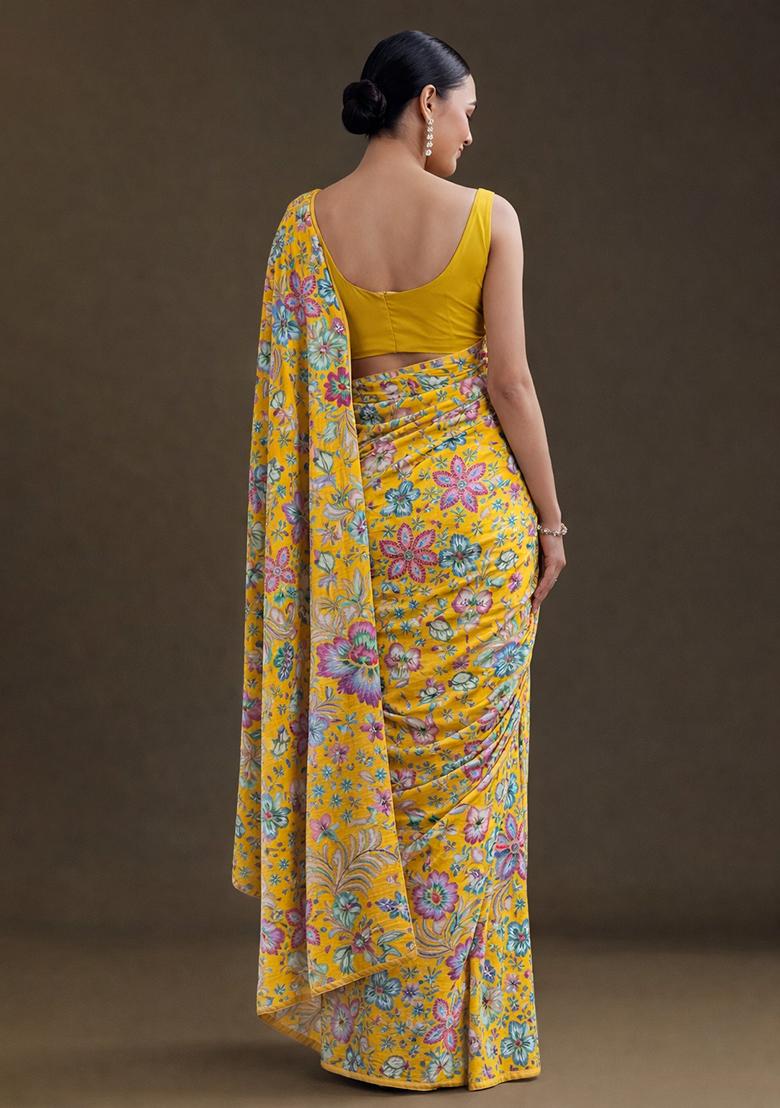 Yellow Floral Print Chinon Pre Draped Saree Set - Indya