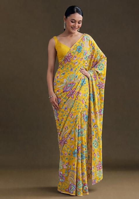 Yellow Floral Print Chinon Pre Draped Saree Set