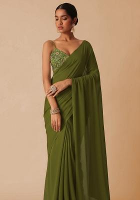 Olive Green Embroidered Crepe Pre Draped Saree Set