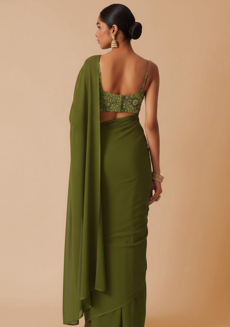 Olive Green Embroidered Crepe Pre Draped Saree Set - Indya