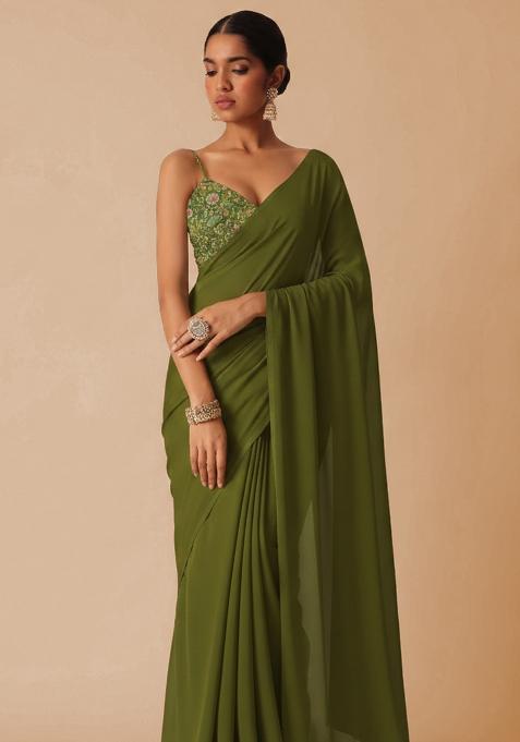 Olive Green Embroidered Crepe Pre Draped Saree Set