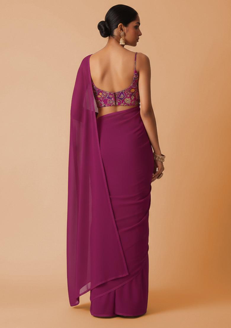 Rani Pink Embroidered Crepe Pre Draped Saree Set - Indya