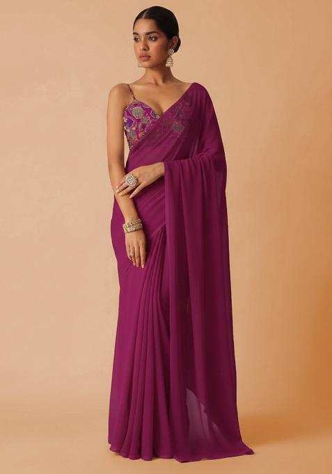 Rani Pink Embroidered Crepe Pre Draped Saree Set