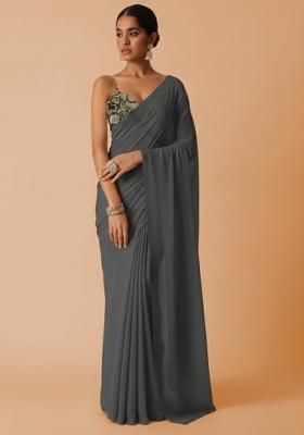 Grey Embroidered Crepe Pre Draped Saree Set