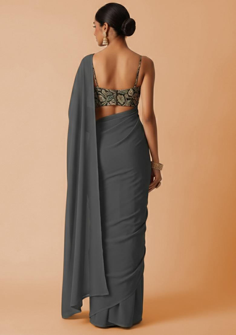 Grey Embroidered Crepe Pre Draped Saree Set - Indya