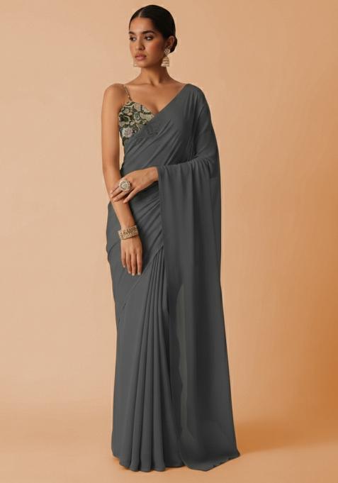Grey Embroidered Crepe Pre Draped Saree Set