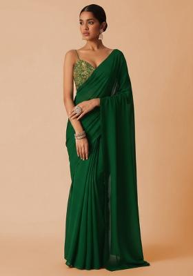 Dark Green Embroidered Crepe Pre Draped Saree Set