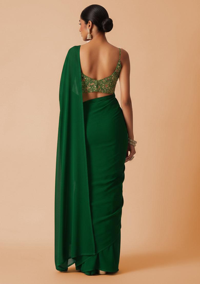 Dark Green Embroidered Crepe Pre Draped Saree Set - Indya