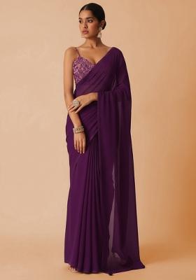 Purple Embroidered Crepe Pre Draped Saree Set