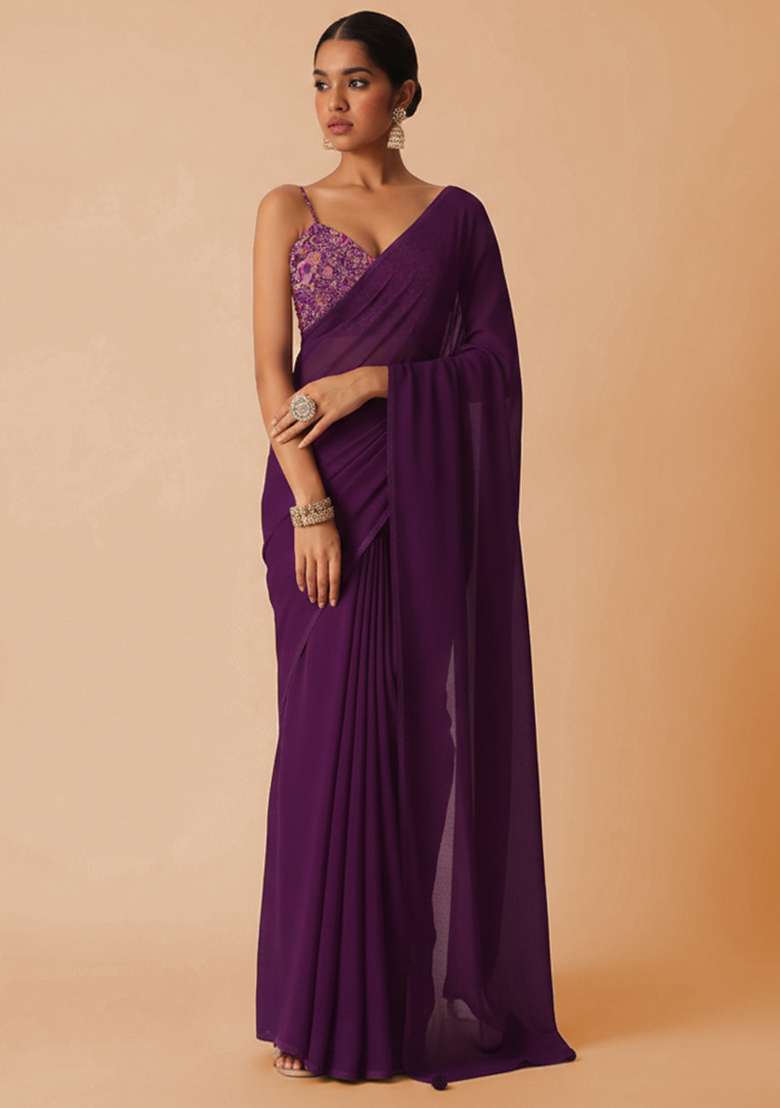 Purple Crepe Pre Draped Saree Set with Embroidered for Diwali | Wedding & Festive Wear - Indya