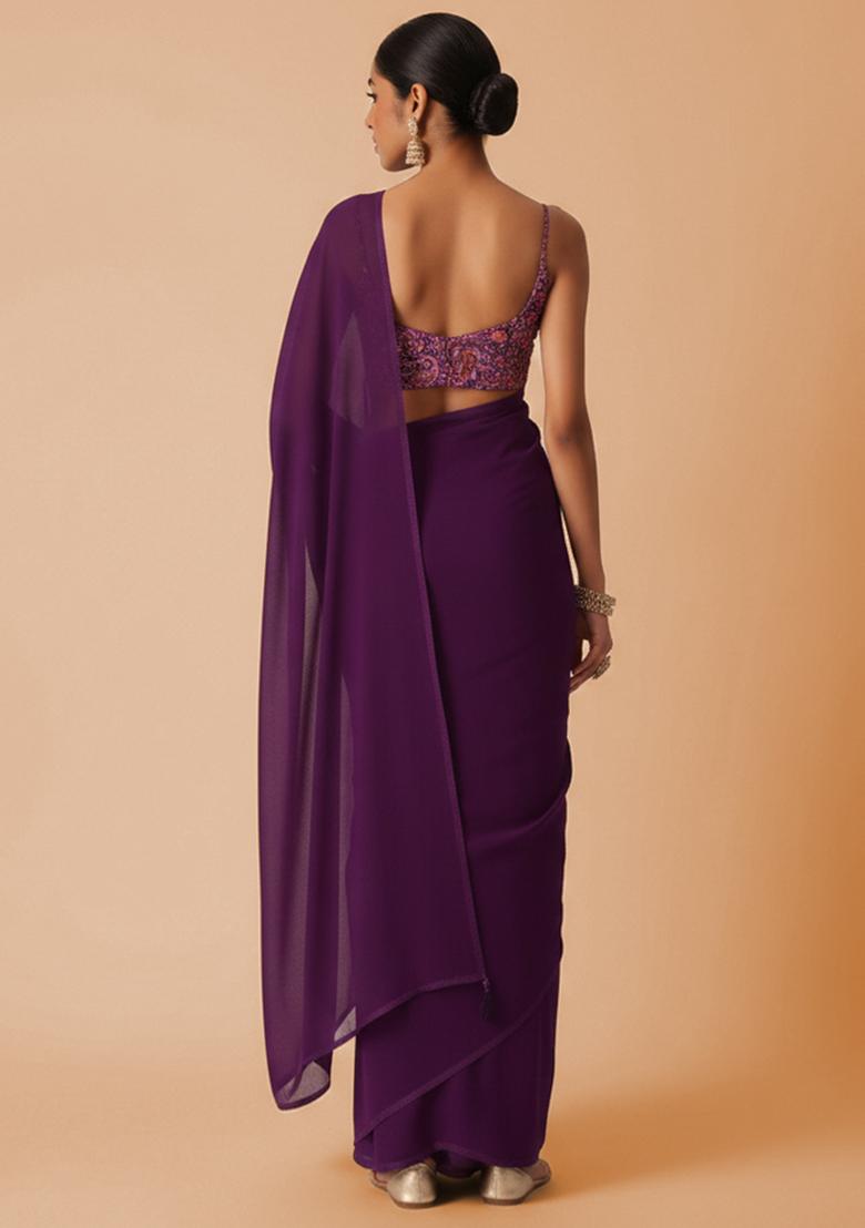 Purple Embroidered Crepe Pre Draped Saree Set - Indya