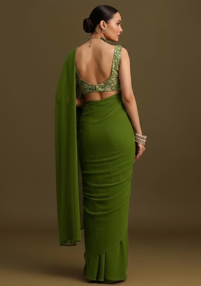 Olive Green Embroidered Crepe Pre Draped Saree Set - Indya