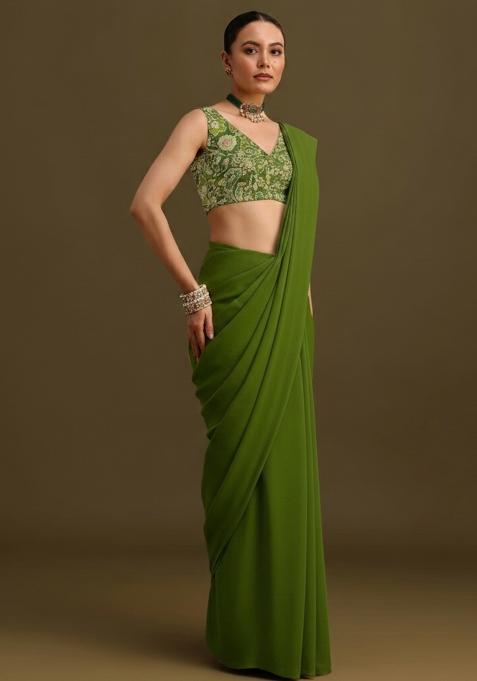Olive Green Embroidered Crepe Pre Draped Saree Set