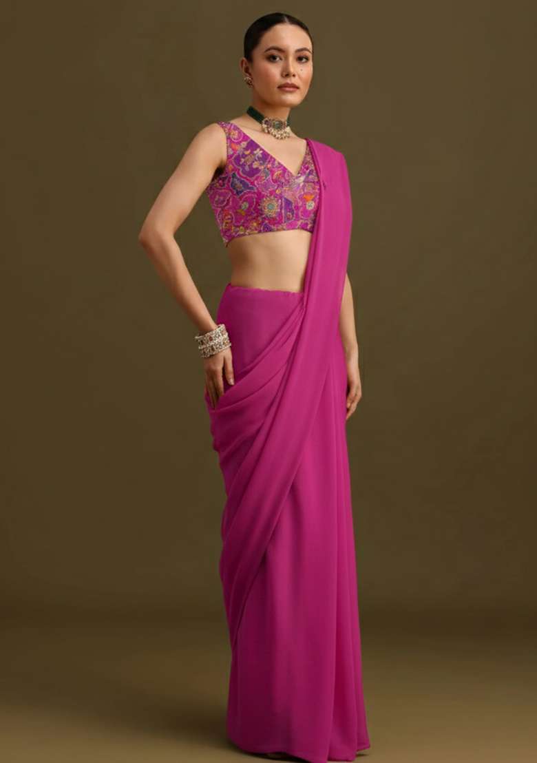 Rani Pink Crepe Pre Draped Saree Set with Embroidered for Diwali | Wedding & Festive Wear - Indya
