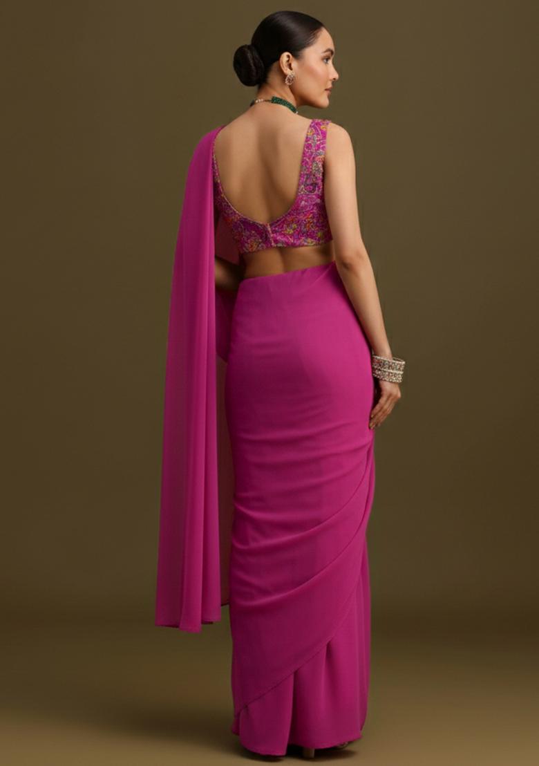 Rani Pink Embroidered Crepe Pre Draped Saree Set - Indya