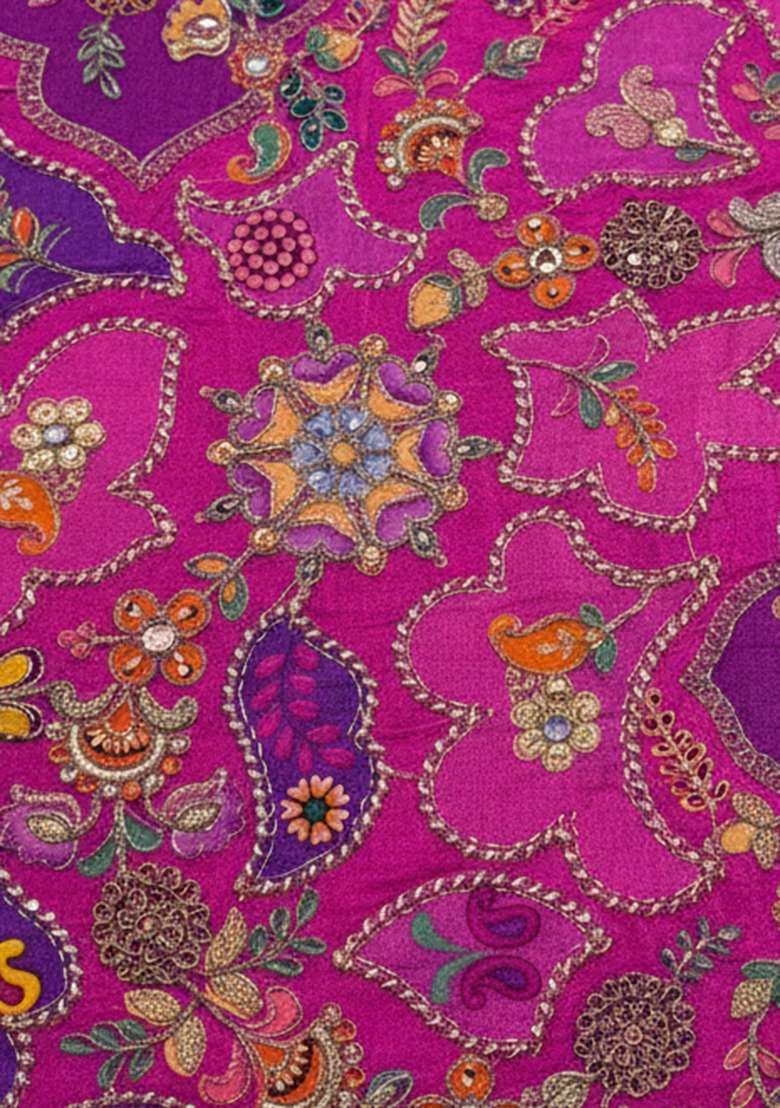 Rani Pink Crepe Pre Draped Saree Set with Embroidered for Diwali | Wedding & Festive Wear - Indya