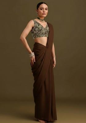 Brown Embroidered Crepe Pre Draped Saree Set