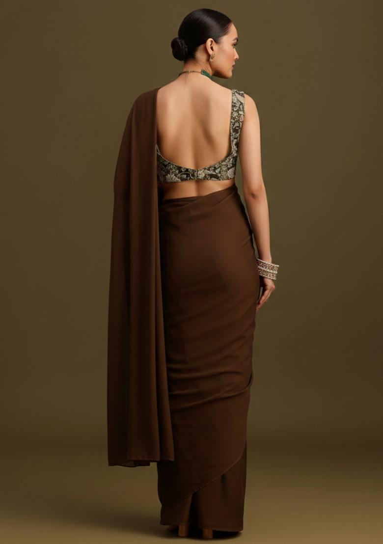 Brown Embroidered Crepe Pre Draped Saree Set - Indya