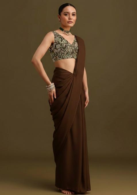 Brown Embroidered Crepe Pre Draped Saree Set