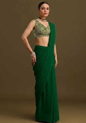 Dark Green Embroidered Crepe Pre Draped Saree Set