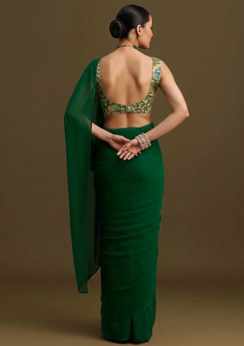 Dark Green Embroidered Crepe Pre Draped Saree Set - Indya