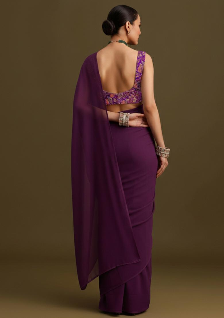 Purple Embroidered Crepe Pre Draped Saree Set - Indya