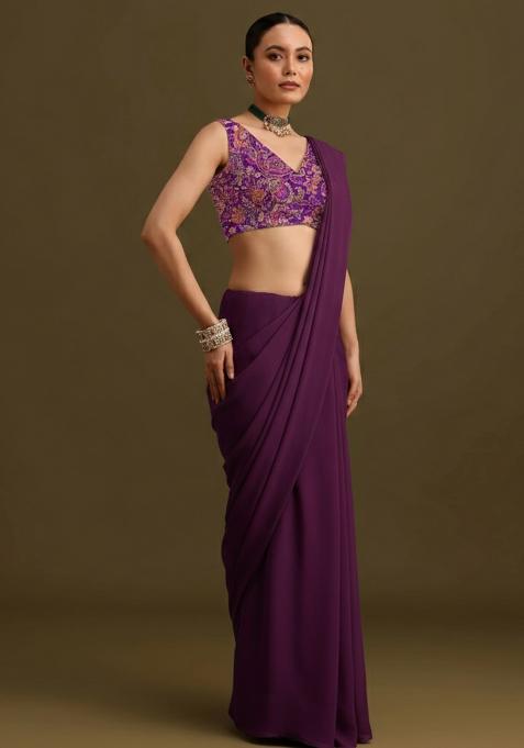 Purple Embroidered Crepe Pre Draped Saree Set