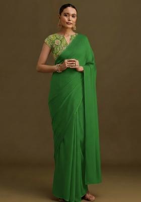 Green Embroidered Crepe Pre Draped Saree Set