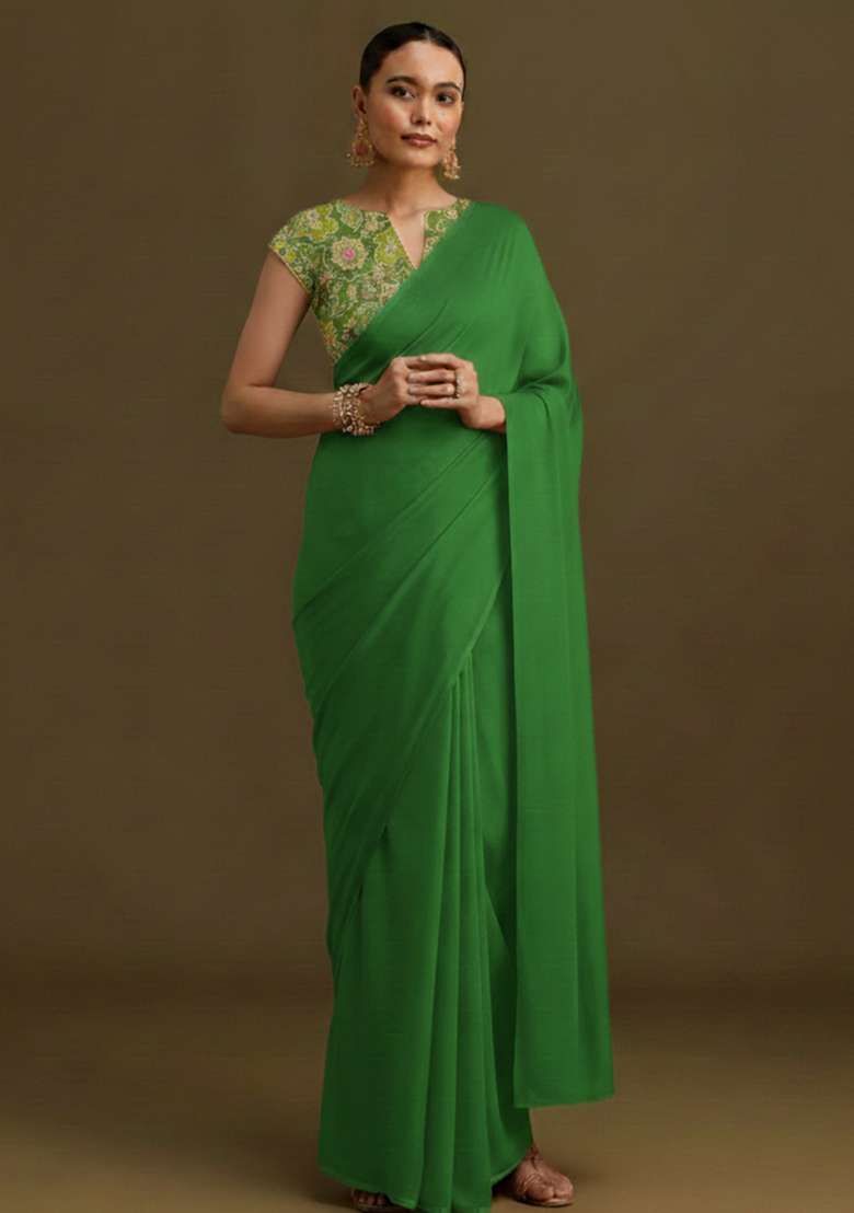 Green Embroidered Crepe Pre Draped Saree Set - Indya
