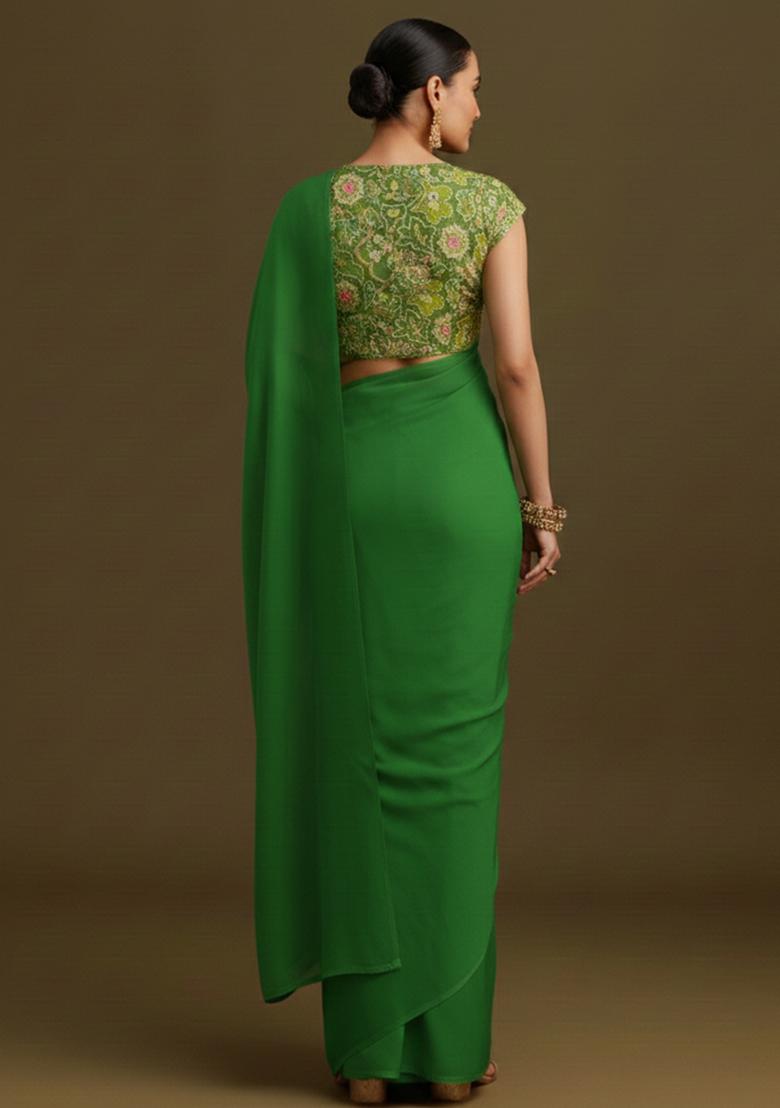 Green Embroidered Crepe Pre Draped Saree Set - Indya