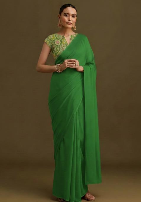Green Embroidered Crepe Pre Draped Saree Set