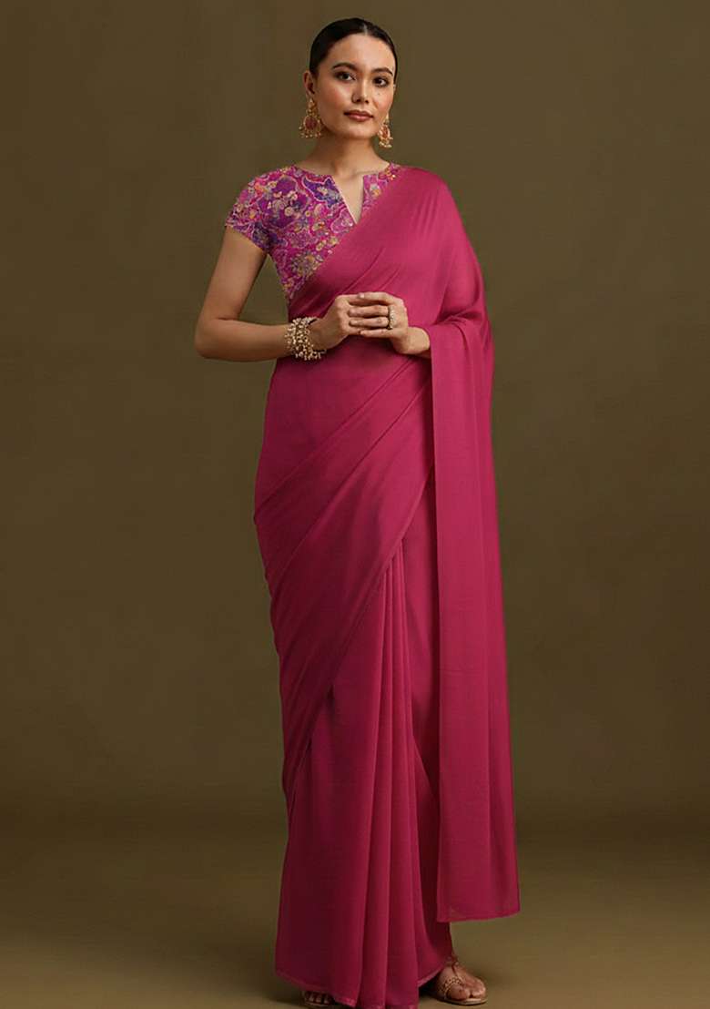 Rani Pink Crepe Pre Draped Saree Set with Embroidered for Diwali | Wedding & Festive Wear - Indya