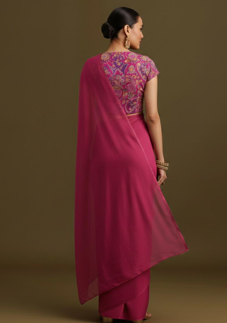 Rani Pink Embroidered Crepe Pre Draped Saree Set - Indya