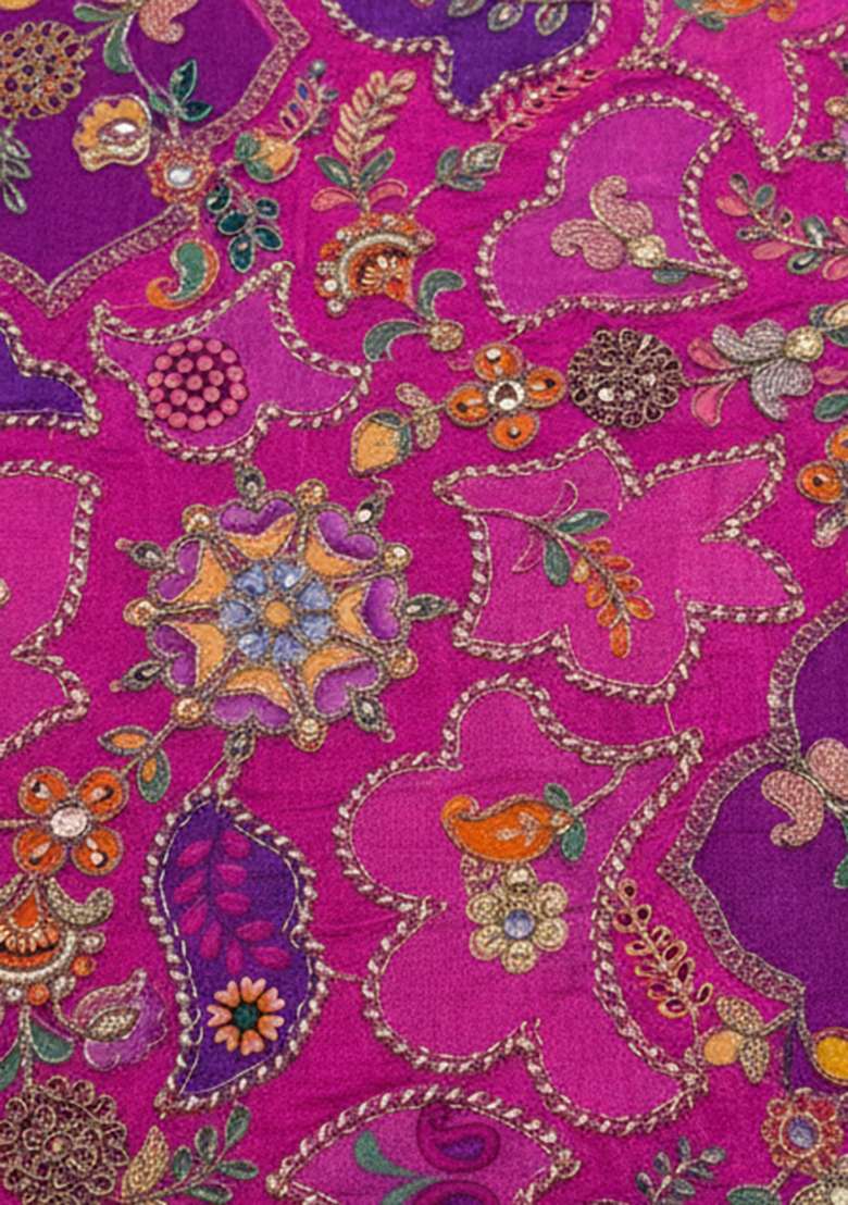 Rani Pink Crepe Pre Draped Saree Set with Embroidered for Diwali | Wedding & Festive Wear - Indya