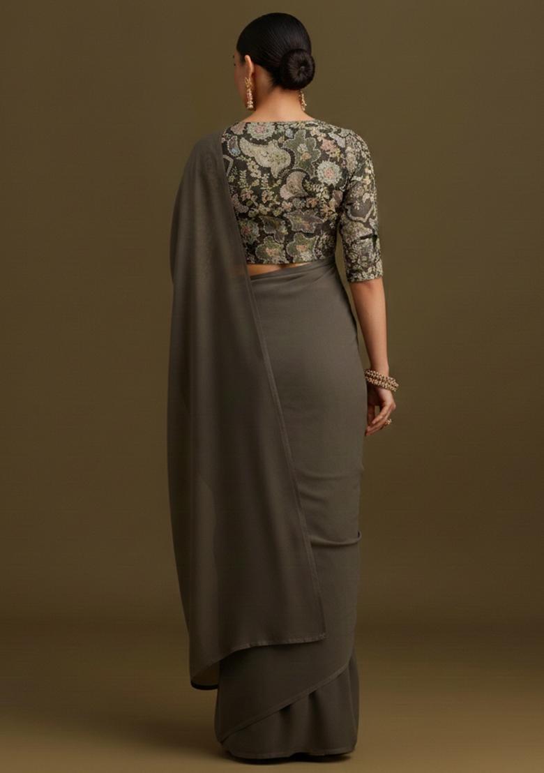 Dark Grey Embroidered Crepe Pre Draped Saree Set - Indya