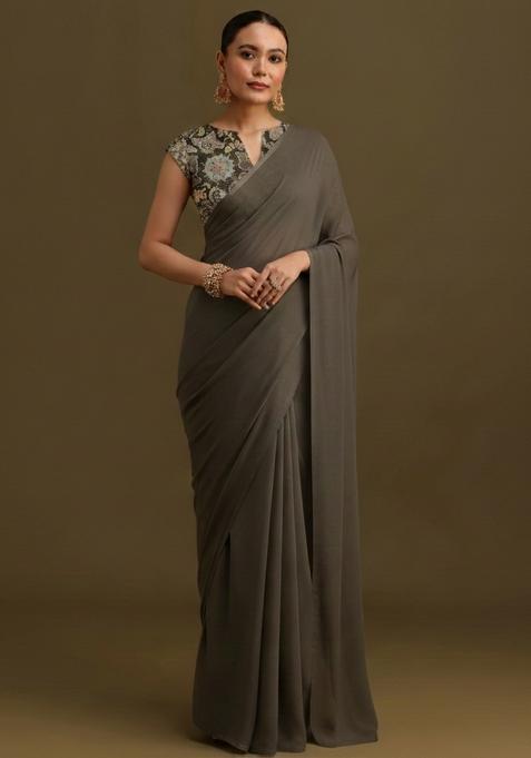 Dark Grey Embroidered Crepe Pre Draped Saree Set