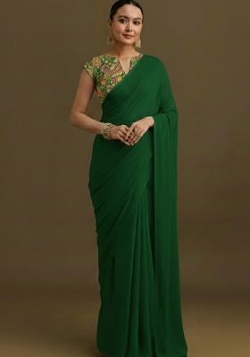 Dark Green Embroidered Crepe Pre Draped Saree Set