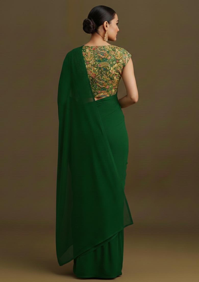 Dark Green Embroidered Crepe Pre Draped Saree Set - Indya