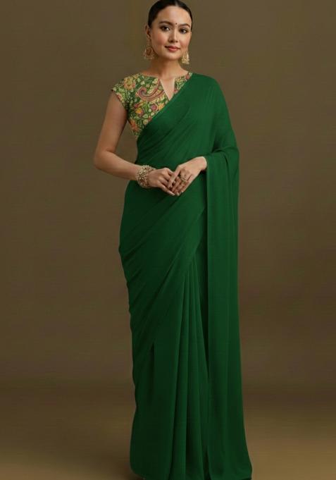 Dark Green Embroidered Crepe Pre Draped Saree Set