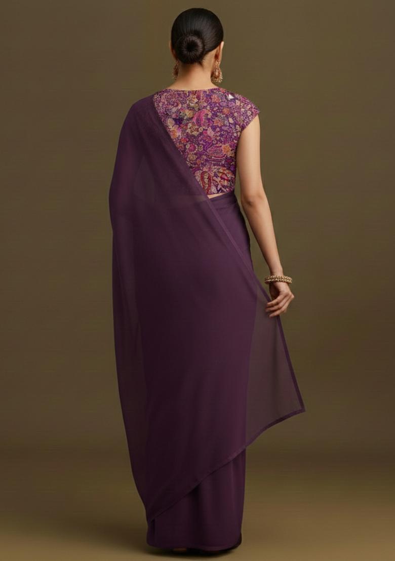 Purple Embroidered Crepe Pre Draped Saree Set - Indya