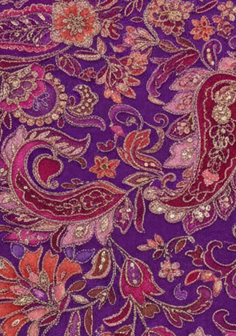 Purple Crepe Pre Draped Saree Set with Embroidered for Diwali | Wedding & Festive Wear - Indya