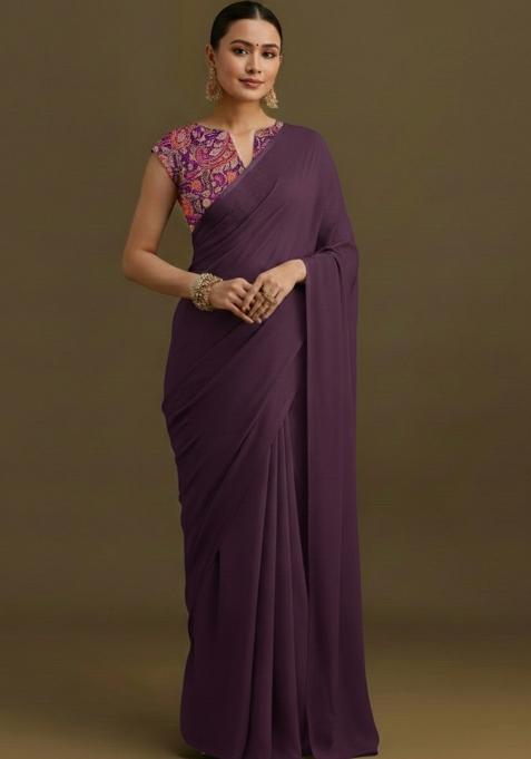 Purple Embroidered Crepe Pre Draped Saree Set
