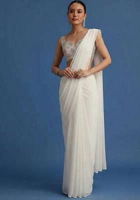 Ivory Embroidered Net Pre Draped Saree Set