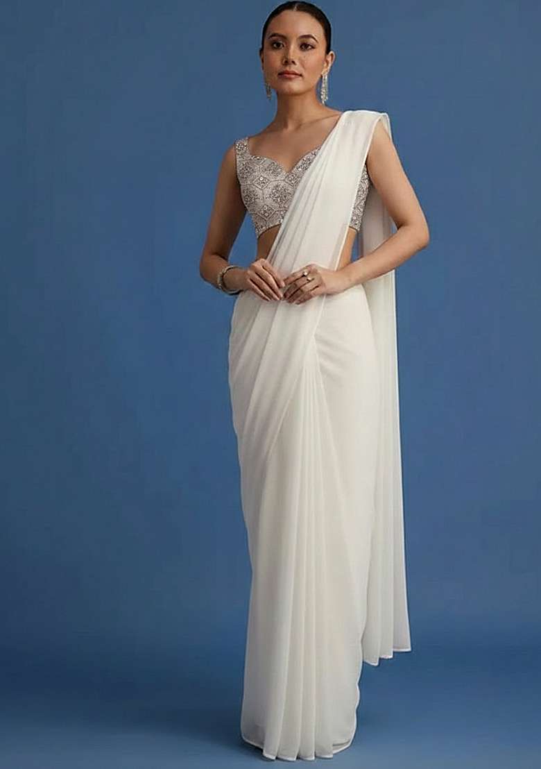 Ivory Embroidered Net Pre Draped Saree Set - Indya