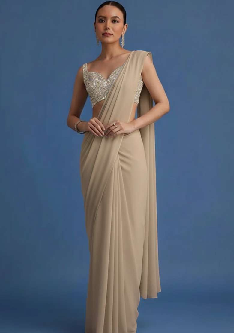Grey Embroidered Net Pre Draped Saree Set - Indya