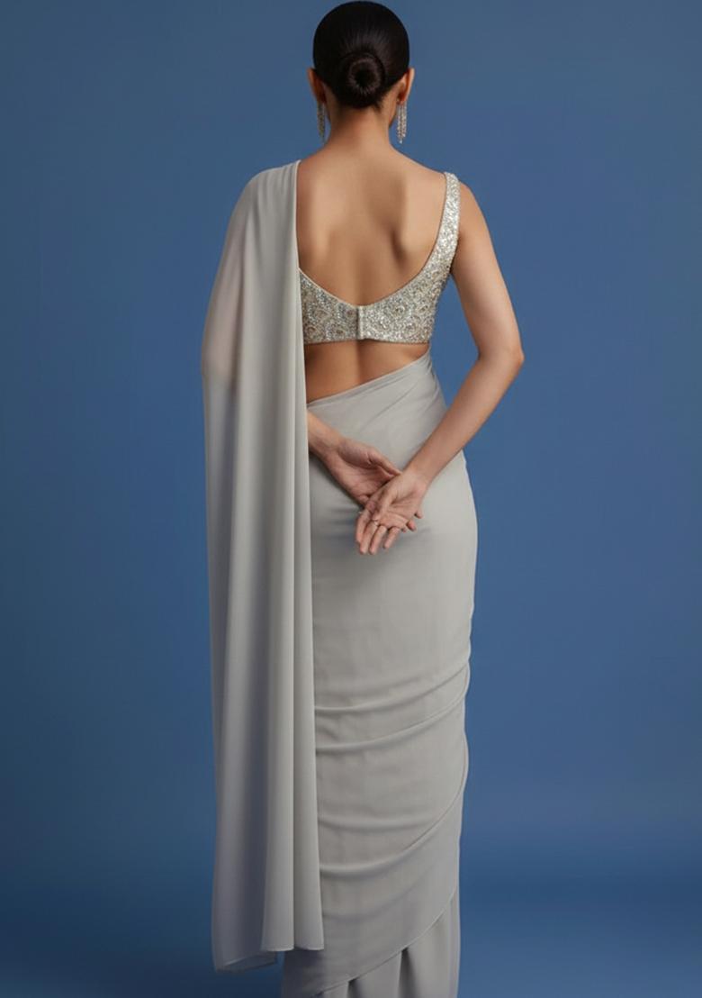 Grey Embroidered Net Pre Draped Saree Set - Indya