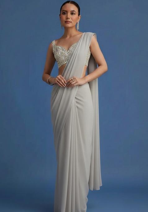 Grey Embroidered Net Pre Draped Saree Set