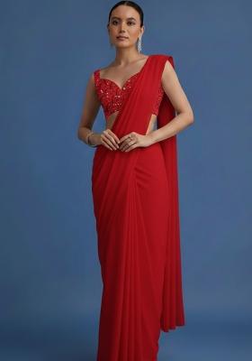 Red Embroidered Net Pre Draped Saree Set